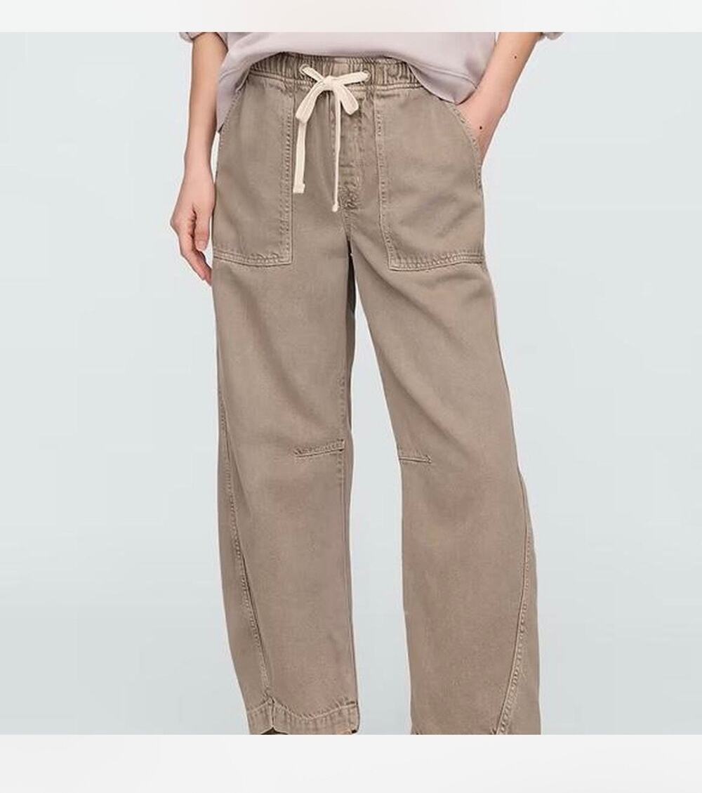 Gap Pull-On Barrel Pants Taupe Beige Curved Leg Utility Casual Size M